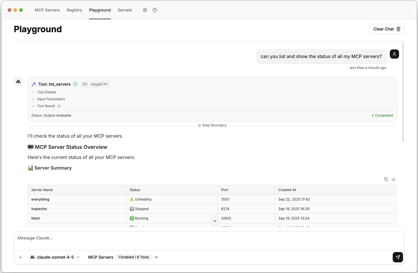 Chat response showing tool execution and results ToolHive playground showing AI response with MCP tool execution results